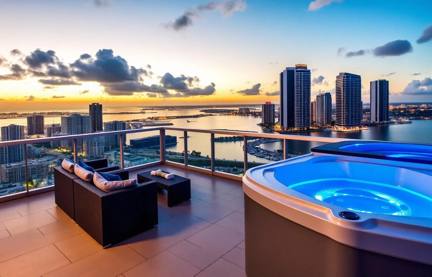 Illuminated spa on a high-rise Aventura terrace overlooking the marina at dusk