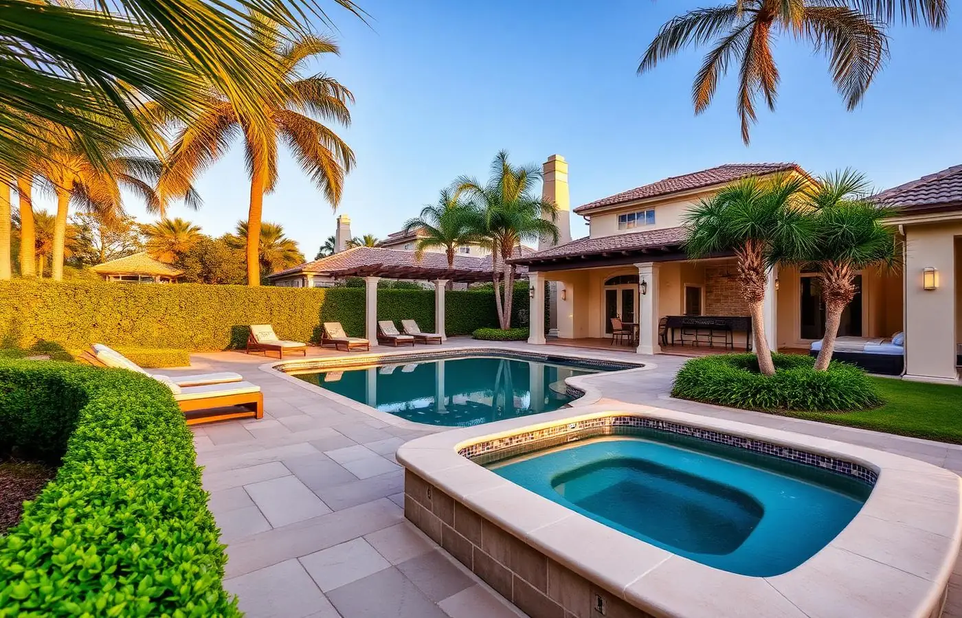 Boca Raton estate backyard with pergola, pool and integrated spa at golden hour
