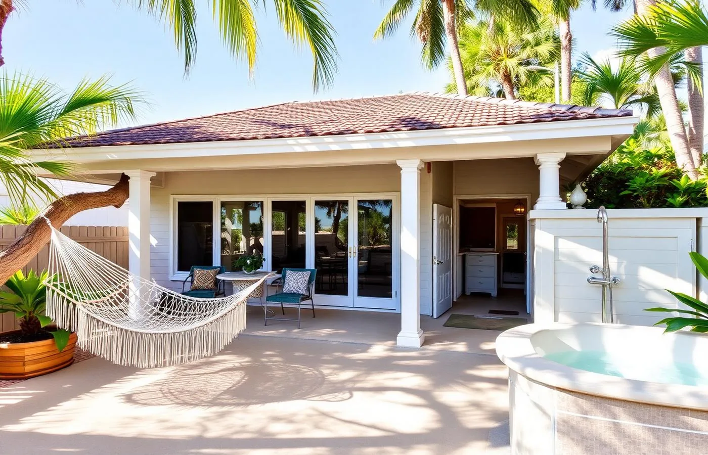Shaded tropical patio with hammock and outdoor shower at a Hollywood, Florida home