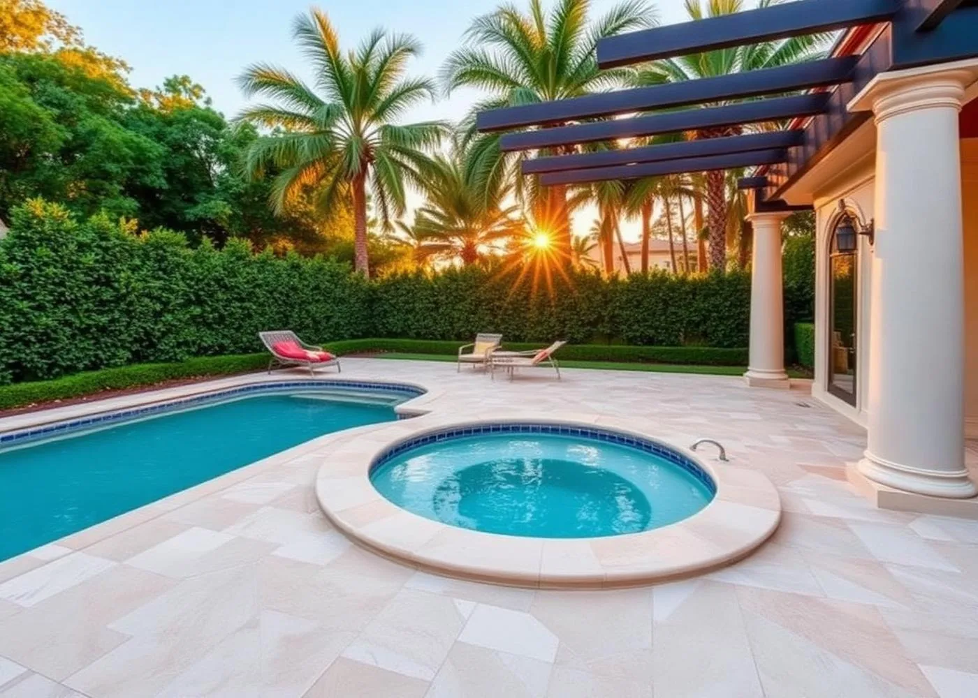 Luxury Boca Raton backyard with travertine deck, hedges and a spa under a pergola