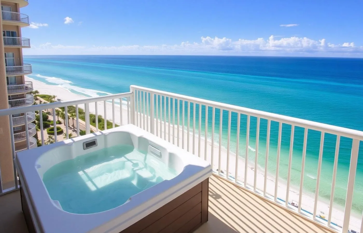 Compact spa on an oceanfront Pompano Beach balcony overlooking the Atlantic