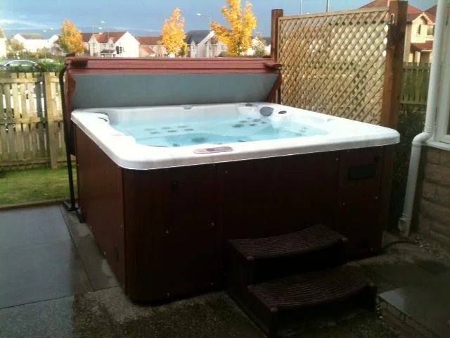 Hot tub on a paver patio behind an Oakland Park, Florida home with palms