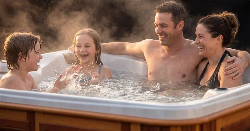 Hot tub with perfectly clear water glowing on an evening terrace
